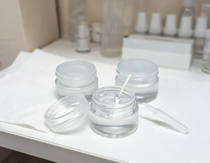 bulk gel top coat on a cosmetics bench, illustration only